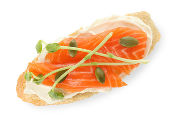 Delicious bruschetta with cream cheese and salmon isolated on white, top view