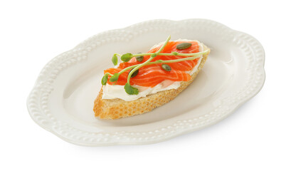 Delicious bruschetta with cream cheese and salmon isolated on white