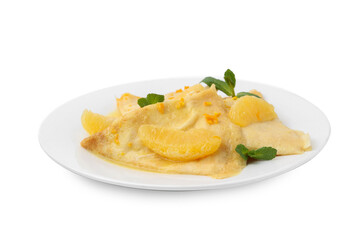 Plate with tasty crepes Suzette isolated on white