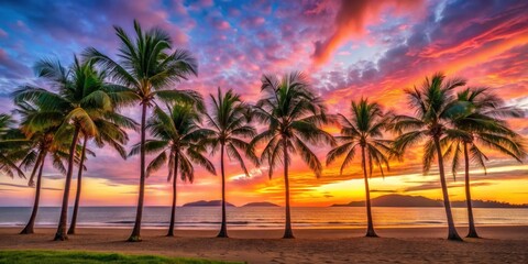 Majestic palm trees stand tall against a vibrant orange and pink sunrise over Palm Cove beach, creating a stunning backdrop for a peaceful morning scene , palm tree, palm cove