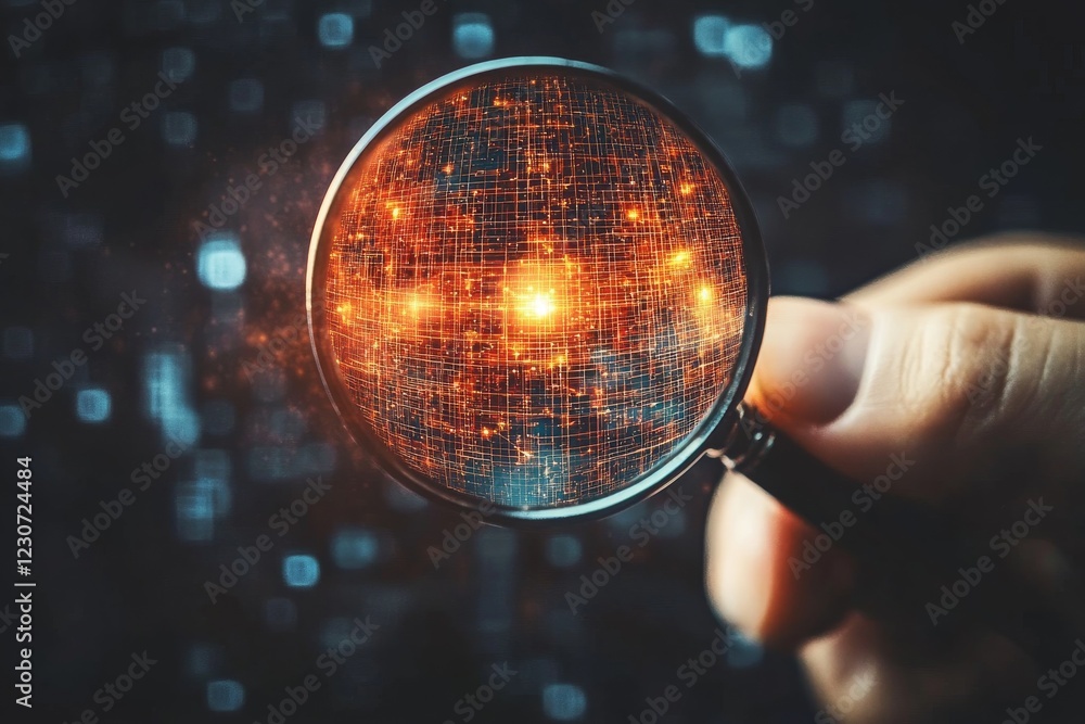 Poster exploring digital data through a magnifying glass in a sci-fi inspired environment