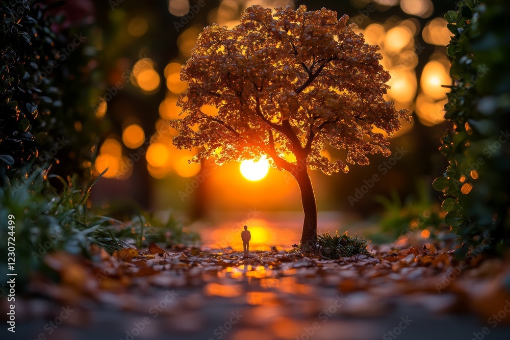 Poster sunset seen through a miniature tree as a figure stands on a path covered with leaves during autumn