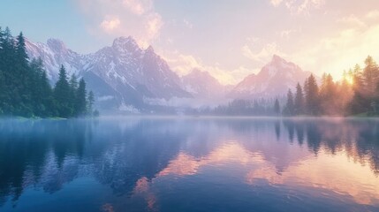 Fototapeta premium Serene sunrise over misty mountain lake reflecting pink and blue sky.