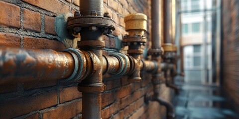 Leak pipe along a brick wall in an urban setting during daylight