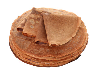Stack of delicious chocolate crepes isolated on white