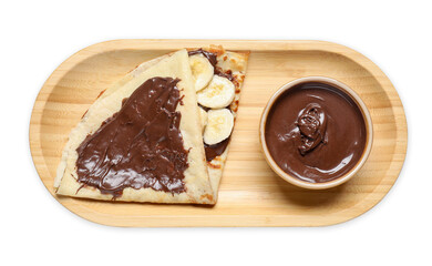 Delicious crepe with chocolate sauce and banana isolated on white, top view