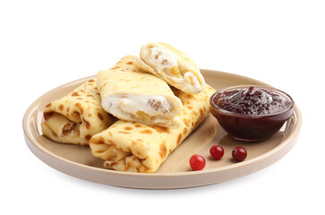 Delicious rolled crepes with cottage cheese, raisins, jam and cranberries isolated on white
