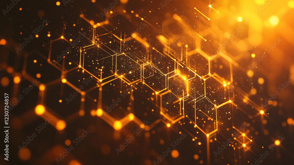 Poster hexagonal grid background glowing in golden tones, creating a vibrant atmosphere that enhances digit