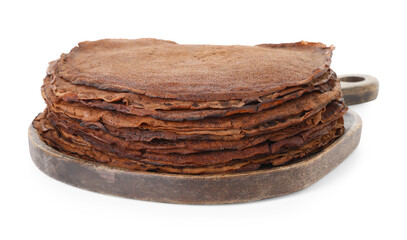 Stack of delicious chocolate crepes isolated on white