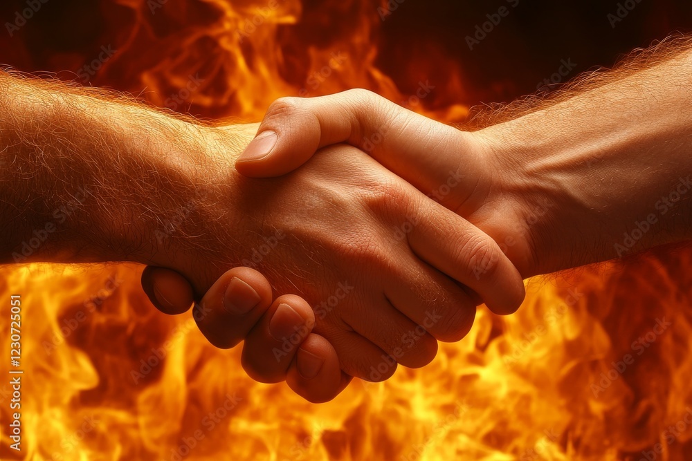 Aufkleber two hands shaking against a backdrop of flames symbolizing agreement and unity during challenging ti