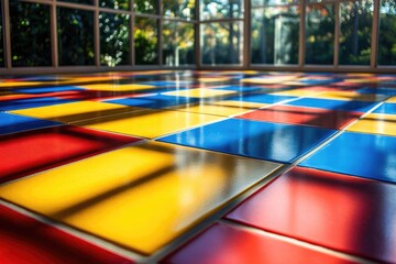 Colorful tiled floor reflecting sunlight through a window, creating vibrant geometric patterns.