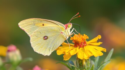 Pale yellow butterfly feeding on yellow flower.