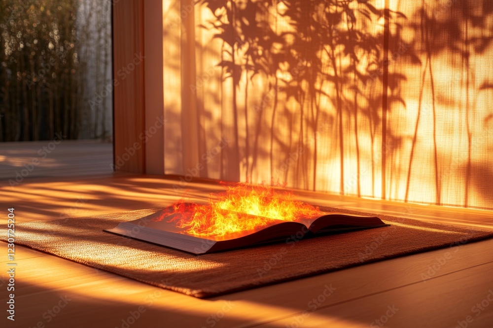 Poster book engulfed in flames with warm sunlight filtering through soft curtains in a serene setting