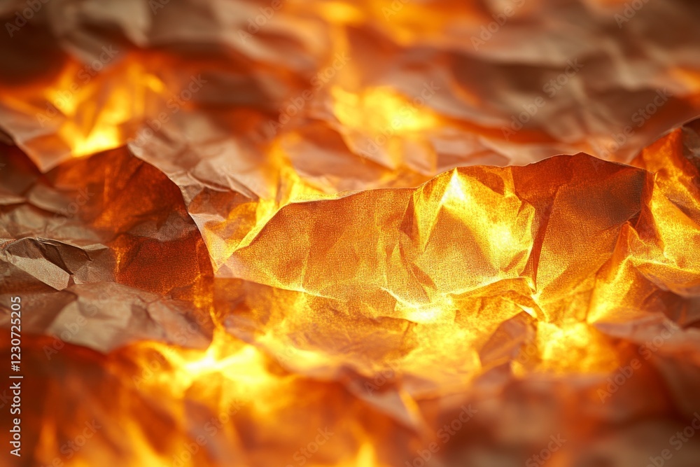 Aufkleber flames flicker across crumpled metallic surface creating an abstract fire effect in vibrant oranges 