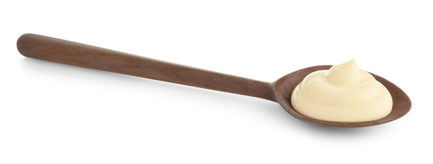 Tasty mayonnaise sauce in wooden spoon isolated on white