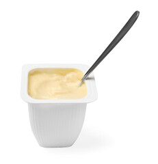 Delicious yogurt in plastic cup with spoon isolated on white