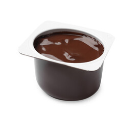 Delicious chocolate yogurt in plastic cup isolated on white