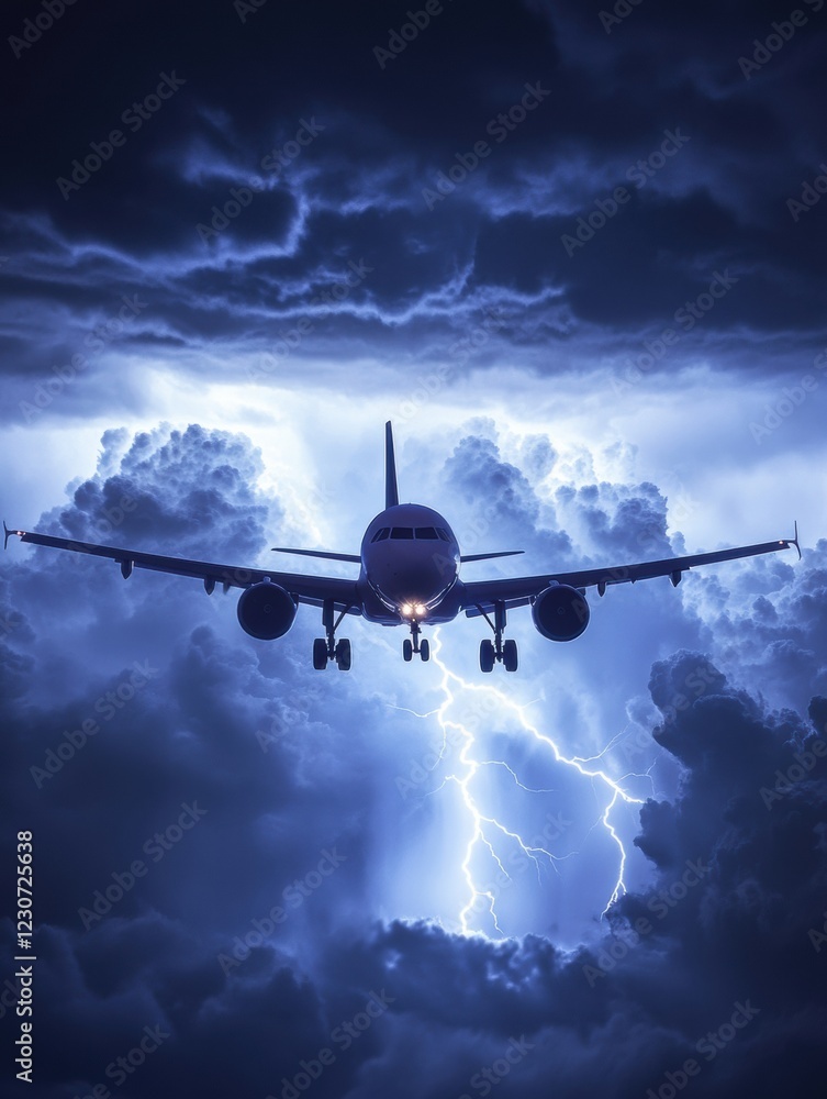 Poster airplane navigating through turbulent stormy skies illuminated by lightning bolts at dusk. generativ