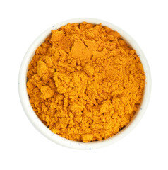 Turmeric powder in bowl isolated on white, top view
