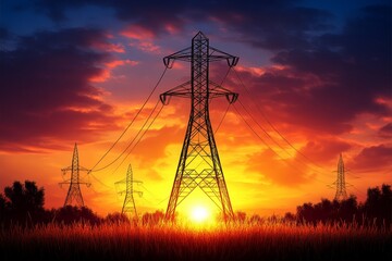 Fototapeta premium Sunset illuminates power lines silhouetted against a colorful sky in an open landscape