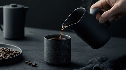   A person pours coffee from a cup into a cup sitting next to a plate of beans