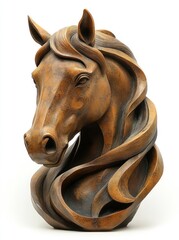 Wooden horse head sculpture, art, home decor, white background, elegant design