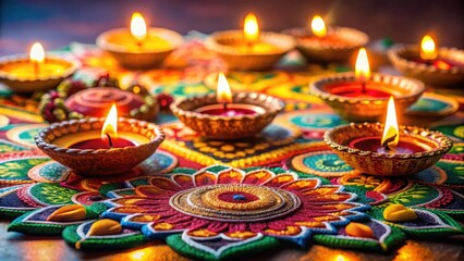 A vibrant diyas arranged in a decorative manner on a brightly lit Diwali night table with a colorful rangoli design at its center