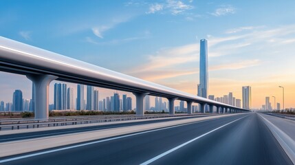Modern Urban Landscape with Elevated Train Tracks and Skyscrapers at Sunset in a Vibrant City Environment