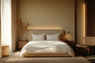 Modern bedroom design featuring neutral tones and natural textures in a serene setting