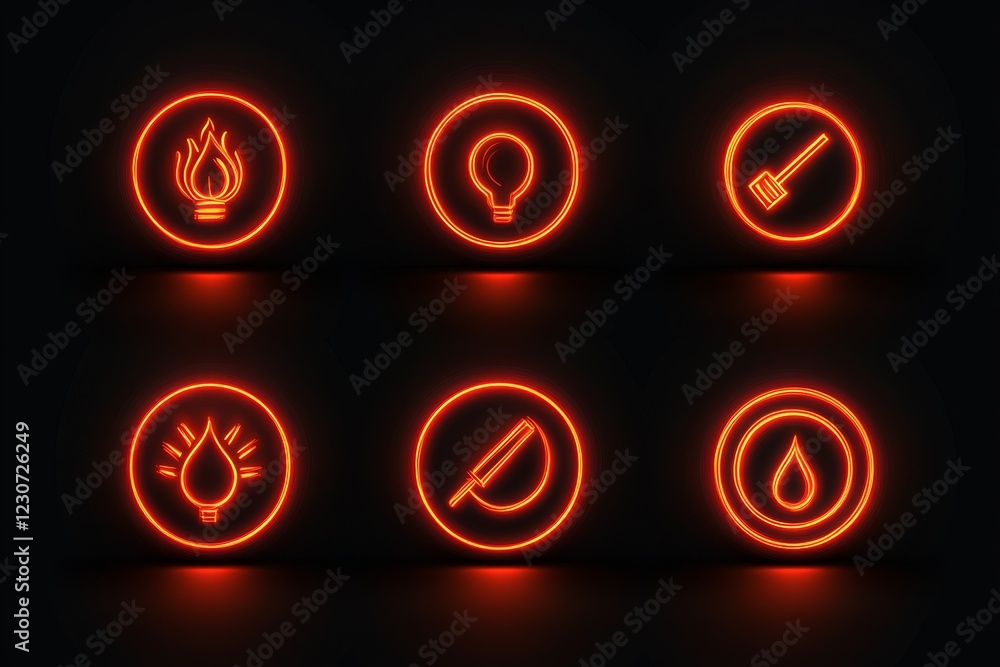 Aufkleber neon icons representing common utilities illuminated against a dark background showcasing modern des