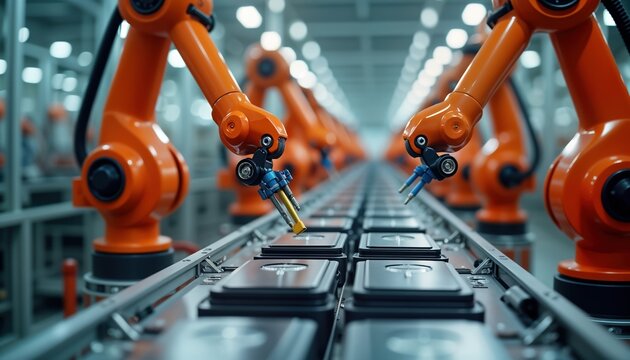 Orange robots work on production line assembling electric vehicle batteries in modern gigafactory. Orange robotic arms handle components on conveyor belt. Image highlights automation, high-tech