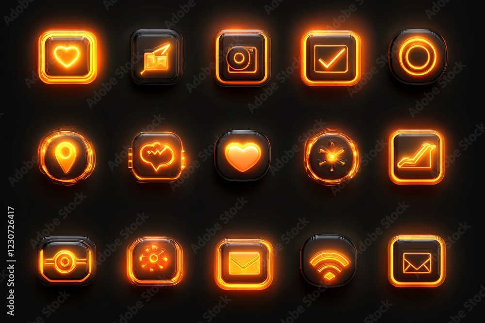 Poster bright orange glowing icons arranged in a grid on a dark background showcasing various digital funct