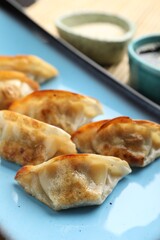 Delicious fried gyoza dumplings on table, closeup