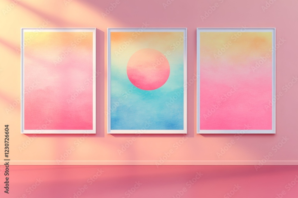 Aufkleber three colorful abstract artworks in a modern gallery with warm pastel hues on display in front of a 