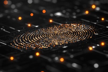 Digital fingerprint pattern with glowing dots illustrating data security technology in a virtual...