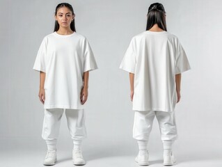 Model showcasing minimalistic white streetwear outfit