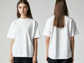 Model showcases simple white t-shirt design from behind