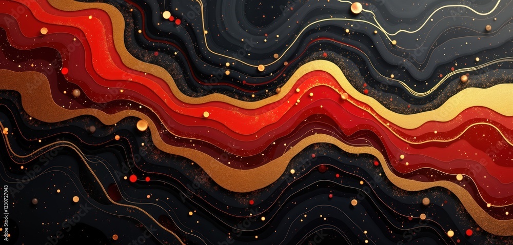 Poster abstract design with black gold red colours. layered wavy lines create textured pattern. looks like 