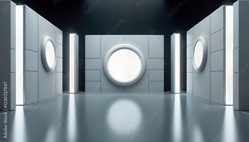 Aufkleber futuristic studio set. empty space with modern grey walls. circular panels on walls with glowing lig