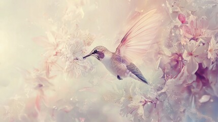Hummingbird in flight, feeding on delicate pink blossoms.