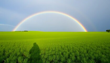 Naklejka premium Rainbow Arcing Over Lush Green Field Shadow