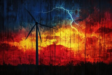 Wind turbine silhouetted against a fiery sunset backdrop with dramatic lightning.