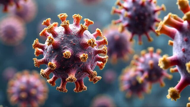 Close up of a virus with a red and orange color. The virus is surrounded by a blue background