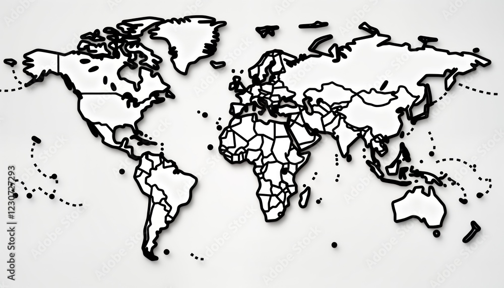 Poster simple world map illustration with dotted lines showing possible travel routes. clear outline shows 