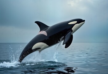Killer whale leaping high out of ocean water. Powerful marine mammal in dynamic action. Wildlife photo captures energy, power of nature. Whale black, white markings show in detail. Scene wild animal