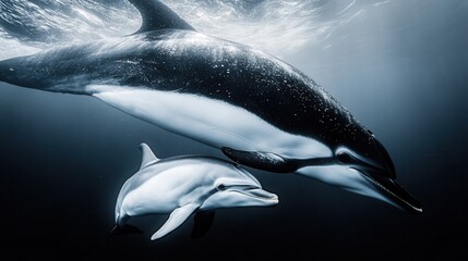 An adult dolphin and a baby swimming in clear water, underwater photography, marine animals, family bond, natural harmony, tender moment, oceanic world, perfect for advertising, design, and illustrati