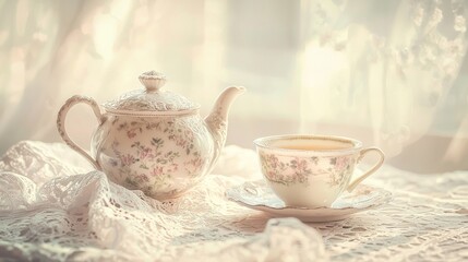 Fototapeta premium Floral teapot and teacup on lace, sunlit.