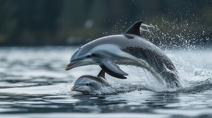 Obraz premium Two dolphins leaping out of the water, mirror reflection on the water surface, marine mammals, dynamic motion, natural harmony, oceanic life, perfect for advertising, design, and illustrations
