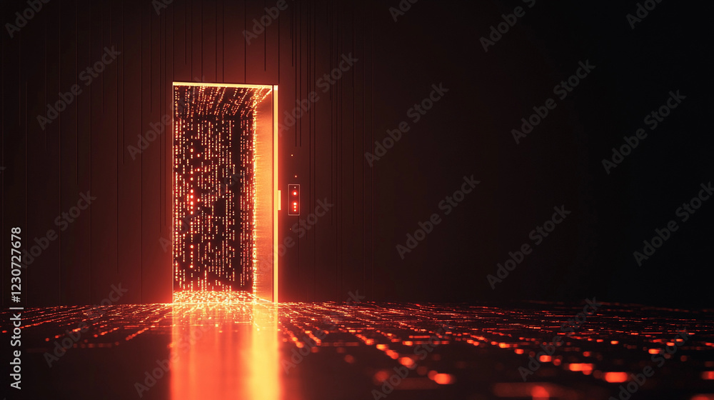 Poster abstract design featuring illuminated doorway with vibrant numbers cascading onto the floor in a dar