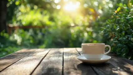 Morning sunlight on coffee cup in a tranquil garden setting